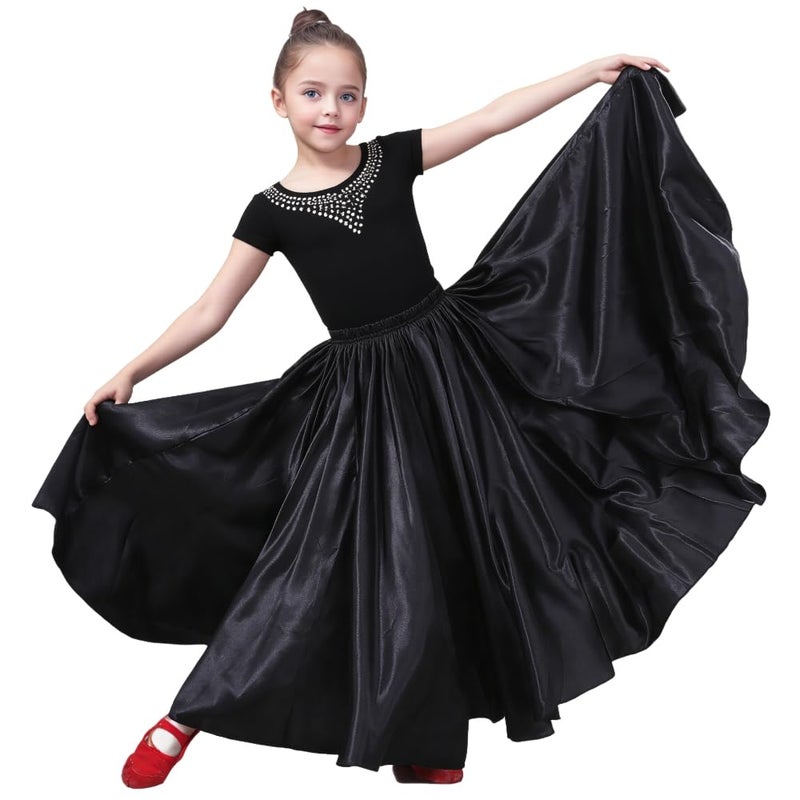 Sancan Girls Belly Latin Dance Skirt - Elastic Waist Ankle Length Full Flowy Circle Dancewear for Dance Practice Training (US, Age, 8 Years, 12 Years, Black) - Image 1
